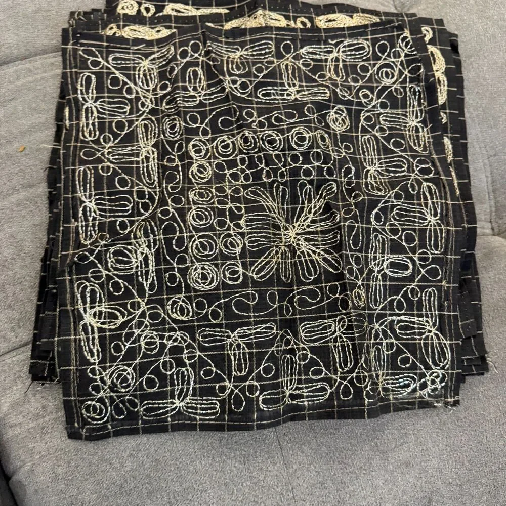 Vintage 54x92 Black Table Cloth Silver Embroidery Gold Tassels 12p 12x12 Napkins